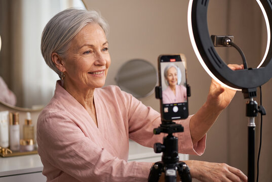 Beauty content creator filming a skincare routine in a studio with a ring light setup Generative AI