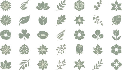 Fototapeta premium Set of flat sage green flower and plant icons on transparent background