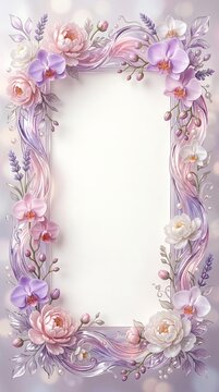 Whimsical floral frame with pink and purple roses and orchids watercolor botanical invitation romantic greeting stationery decoration background lavender artistic ornamental composition