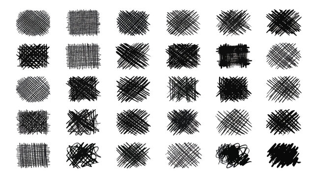 Set of black hand drawn cross hatching and shading textures on white background