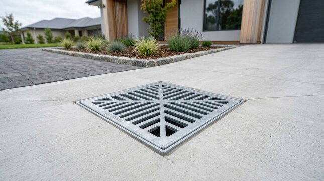 A square metal storm drain grate installed in a concrete driveway near a modern residential house exterior