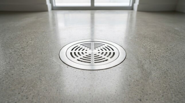 A circular metal storm drain grate installed in a smooth polished concrete floor inside a modern industrial building facility