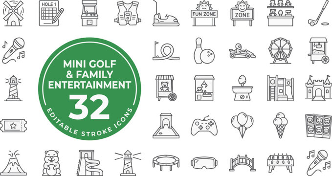 Mini golf and family entertainment line icon set on transparent background Editable Stroke.