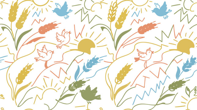 Summer harvest seamless pattern with sun wheat stalks and birds on transparent background