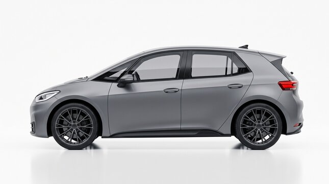 Grey hatchback car side profile. Modern compact vehicle isolated on white background.