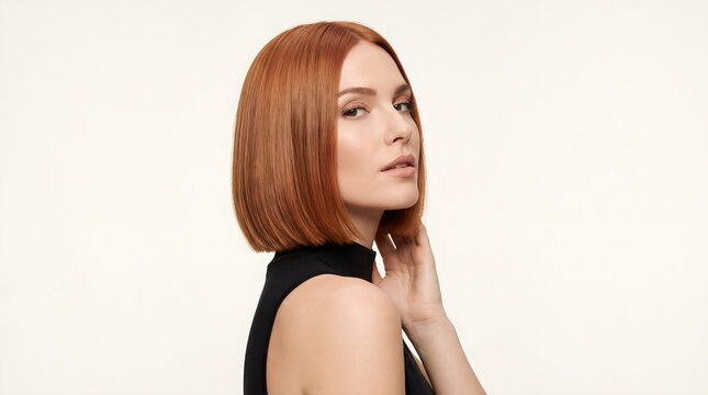 Beautiful woman with ginger bob haircut looking at camera