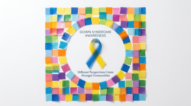 Vibrant blue and yellow Down syndrome awareness ribbon centered in a circle surrounded by colorful mosaic squares representing diversity and community support for people with trisomy 21 and inclusion