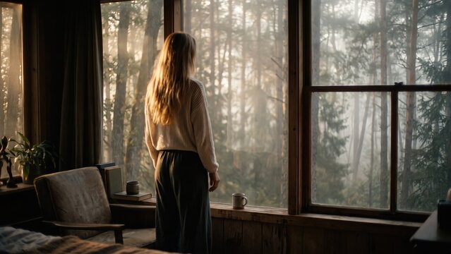 Woman Gazing at Misty Forest