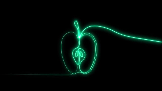 Luminous Fruit Icon with Leaf, Organic Food, Healthy Eating and Natural Nutrition Concept motion video. Radiant Neon Apple Outline 4k Animation on Black Background. 