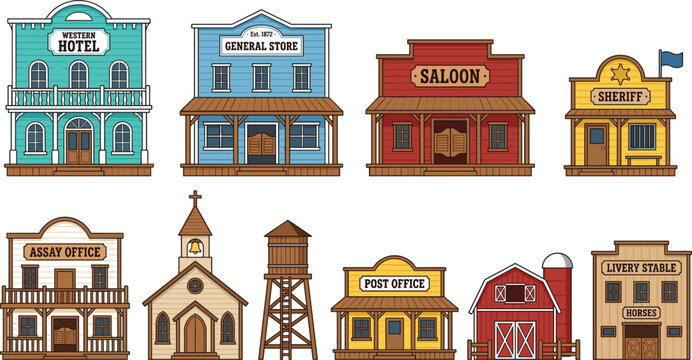 Wild West Town Wooden Building Vector Icon Set with Saloon Hotel Sheriff Office Church General Store and Barn for Western Graphic Designs