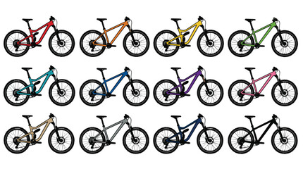 Naklejka premium Colorful illustrated mountain bikes collection, various styles on white.