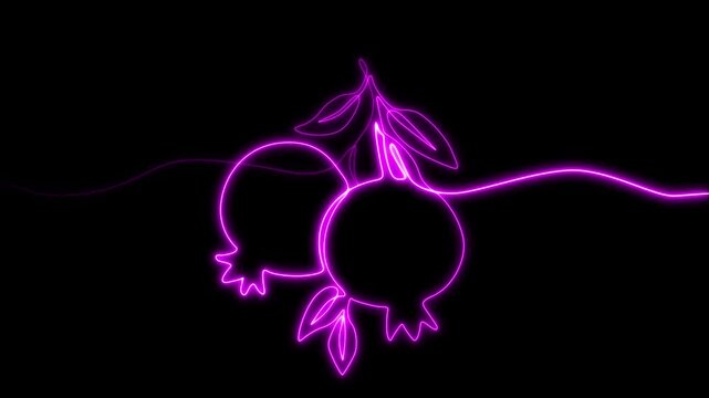 Fresh Organic Produce Symbol and Luminous Neon Pomegranate 4k Animation on Black Background. Glowing Exotic Fruit Outline,  Healthy Food and Natural Nutrition Graphic animated.