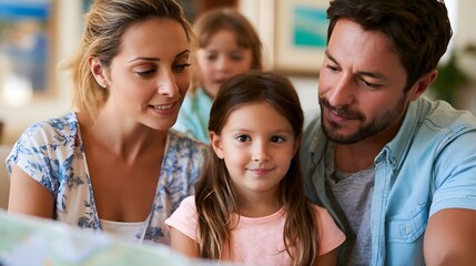 Obraz premium A family of four looking at a map together indoors smiling and engaged in planning an outing