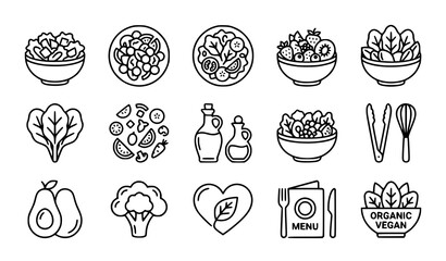 Obraz premium Healthy Salad and Vegan Food Icon Set with Bowl Vegetable and Organic Label Symbols for Diet and Nutrition Design