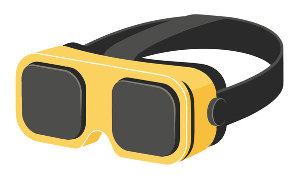 Retro virtual reality headset with yellow rounded plastic frame and black strap on a white background, modern technology concept