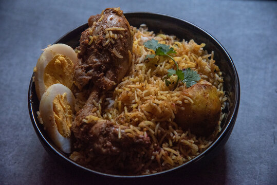 Chicken biryani in a bowl. Close up.