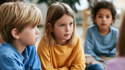 Obraz premium Three children sitting together indoors focused on something off showing attentive expressions and casual clothing