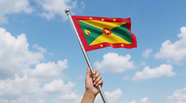 Person holding Grenada national flag waving on silver flagpole against blue sky and clouds background