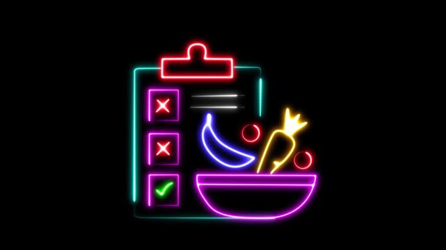 Nutrition Planning Symbol, Modern Wellness Interface video and Glowing Neon Healthy Meal Planner 4k Animation on Black Background, Food Checklist with Vegetables and Bowl animation 