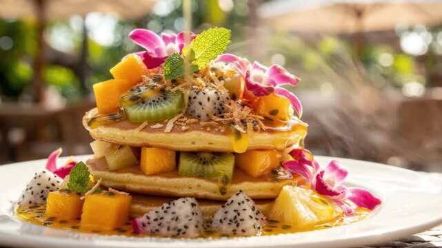 Honey Pouring over Stack of Tropical Fruit Pancakes with Dragon Fruit, Mango, and Kiwi in Outdoor Cafe