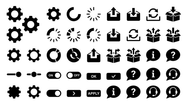 Digital workflow and packaging process black solid icon set.
