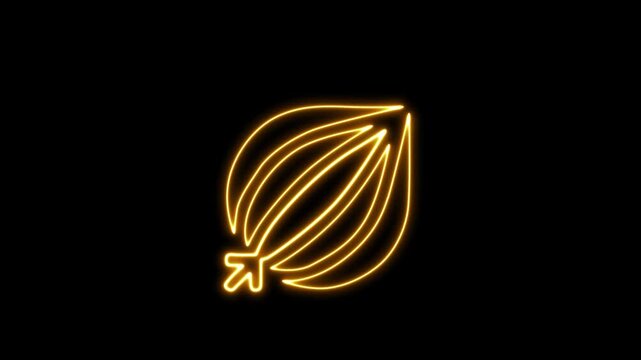 A Fresh Vegetable Outline, Organic Cooking Ingredient Symbol, Modern Kitchen Food Illustration animation. Luminous Neon Onion Icon 4k Animation on Black Background.