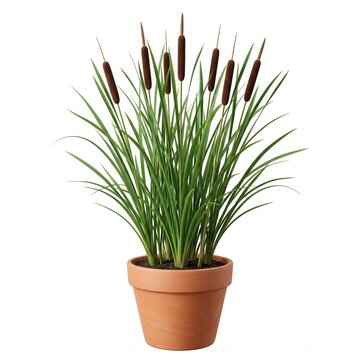 Potted cattail reeds in decorative terracotta plant pot