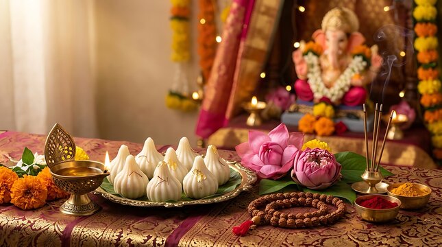 Traditional Ganesh Chaturthi Festival Offering with Modaks and Diya