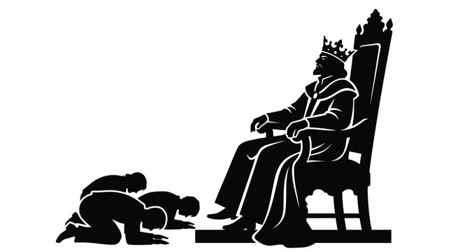 Detailed black vector illustration showing a powerful king sitting on his royal throne above kneeling subjects