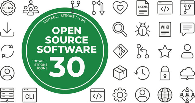 Open source software development line icon collection on transparent background Editable Stroke.