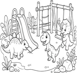Cute cartoon dinosaurs playing on playground equipment at park coloring book page line art illustration for kids featuring stegosaurus triceratops t-rex having fun with slide and swing set outdoors. © Ayesha