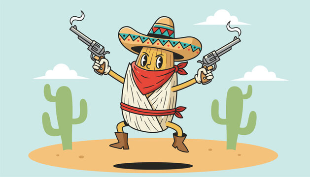 Cheerful cartoon tamale character dressed as a Mexican cowboy holding smoking pistols in a sunny desert landscape with green cacti.