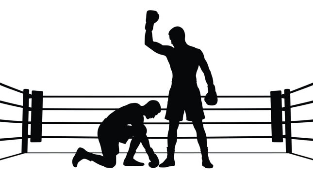 Black silhouette vector illustration of a victorious professional boxer standing over a defeated kneeling opponent fighter