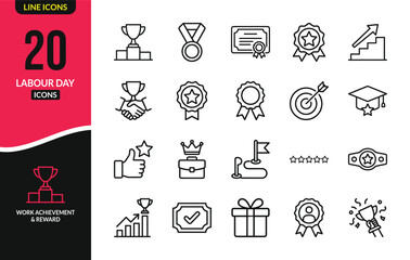 Fototapeta premium Set of twenty line icons representing labour day concepts including achievement success awards and professional workplace recognition symbols