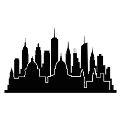 Obraz premium A high-contrast black and white graphic illustration featuring the iconic silhouette of a city skyline, including famous domed landmarks and modern skyscrapers.