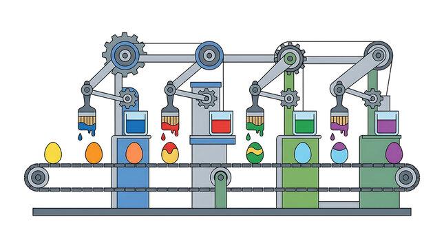 Automated Egg Painting Machine on a Factory Production Line with Robotic Arms Applying Colorful Designs to Easter Eggs