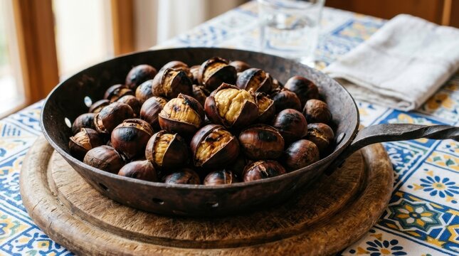 Roasted chestnuts in a vintage pan sit on a rustic wooden board and colorful patterned tablecloth. These warm seasonal nuts are perfectly cooked for a cozy autumn snack or traditional winter treat
