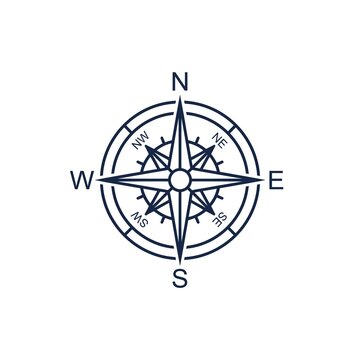 Minimalist line art compass rose icon for direction, navigation, strategy, pathfinder, and location concept isolated on white background.