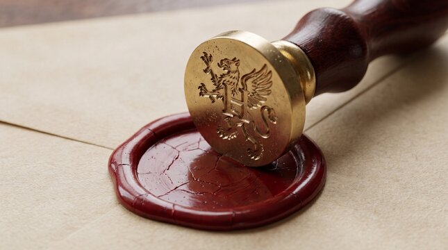 Vintage wax seal stamping document for authentication. Red wax imprint with brass stamp on aged parchment paper.