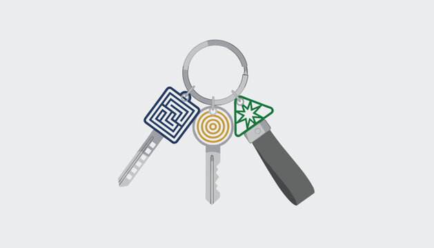 Metallic keychain holding three door keys with decorative blue, yellow, and green geometric pendants on a light grey background.
