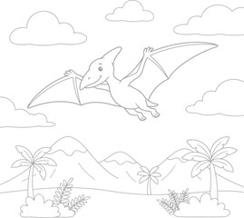 Cute cartoon pterodactyl flying in sky above tropical landscape with mountains and palm trees black and white line art vector illustration for children coloring book page activity for kids drawing. © Ayesha