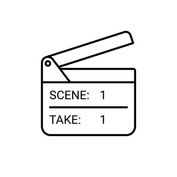 Minimalist line art movie clapperboard icon for video production, film making, cinema, scene take, and media concept isolated on white background.