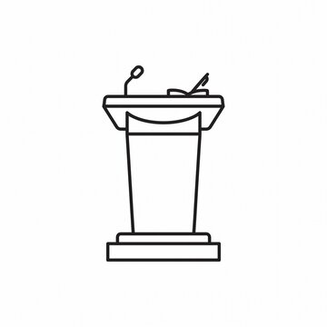Minimalist line art podium lectern icon with microphone for public speaking, conference, presentation, lecture, and leadership concept isolated on white background.