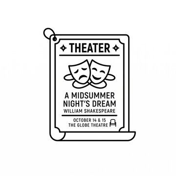 Minimalist line art theater playbill poster icon for Shakespeare play, drama event, performance schedule, and show broadway concept isolated on white background.