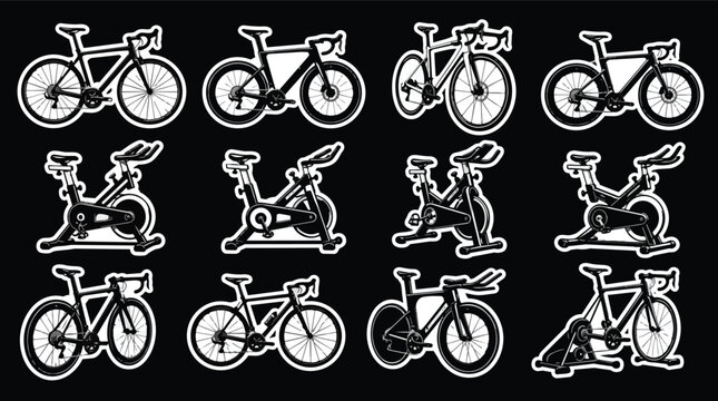 Road Bikes and Stationary Exercise Bike Illustrated Icon Set