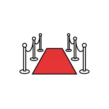 Red carpet with velvet rope stanchions line art icon for VIP entry, Hollywood premiere, celebrity award show, gala event, and grand opening concept isolated on white background.
