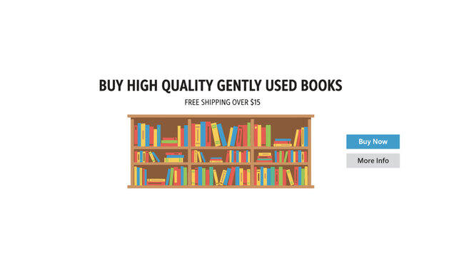 Online bookstore advertisement for buying high quality used books with bookshelf illustration and buy buttons.