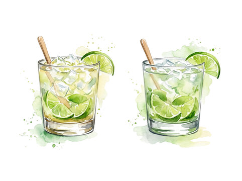Watercolor caipirinha cocktails with lime. Hand drawn alcoholic drinks on white background.