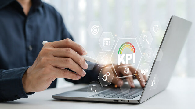 Business professional analyzing key performance indicators on laptop with business analytics performance marketing strategy professional technology planning management corporate analysis