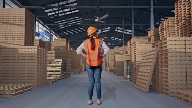 Full Body Back View Of A Female Engineer Wearing Safety Helmet Looking Around While Standing With Arms Akimbo with Stacked Wooden Pallets